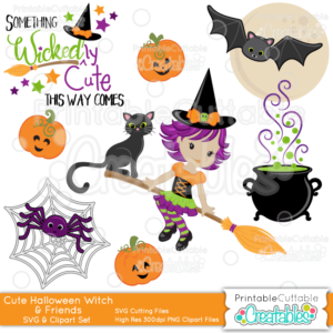 Cute Witch & Friends Halloween SVG Embellishment Set