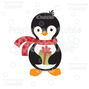 Penguin Holding Christmas Present SVG Cut File & Clipart