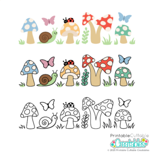 Doodle Mushroom Garden SVG File with layering options for paper and vinyl projects. Create cute stickers, cards, and planner decorations with this sweet garden design.